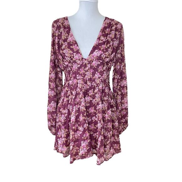 Free People Keep You Cotton Long Sleeve Floral Mini Dress Berry Combo Size Mediu - Picture 1 of 14